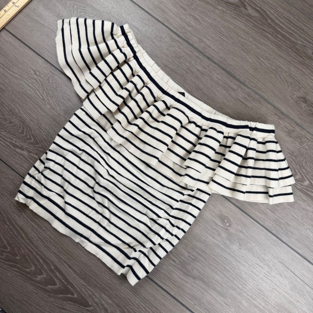 J.Crew Women Top Off-the-Shoulder Ruffle Striped Knit Ivory Navy Small